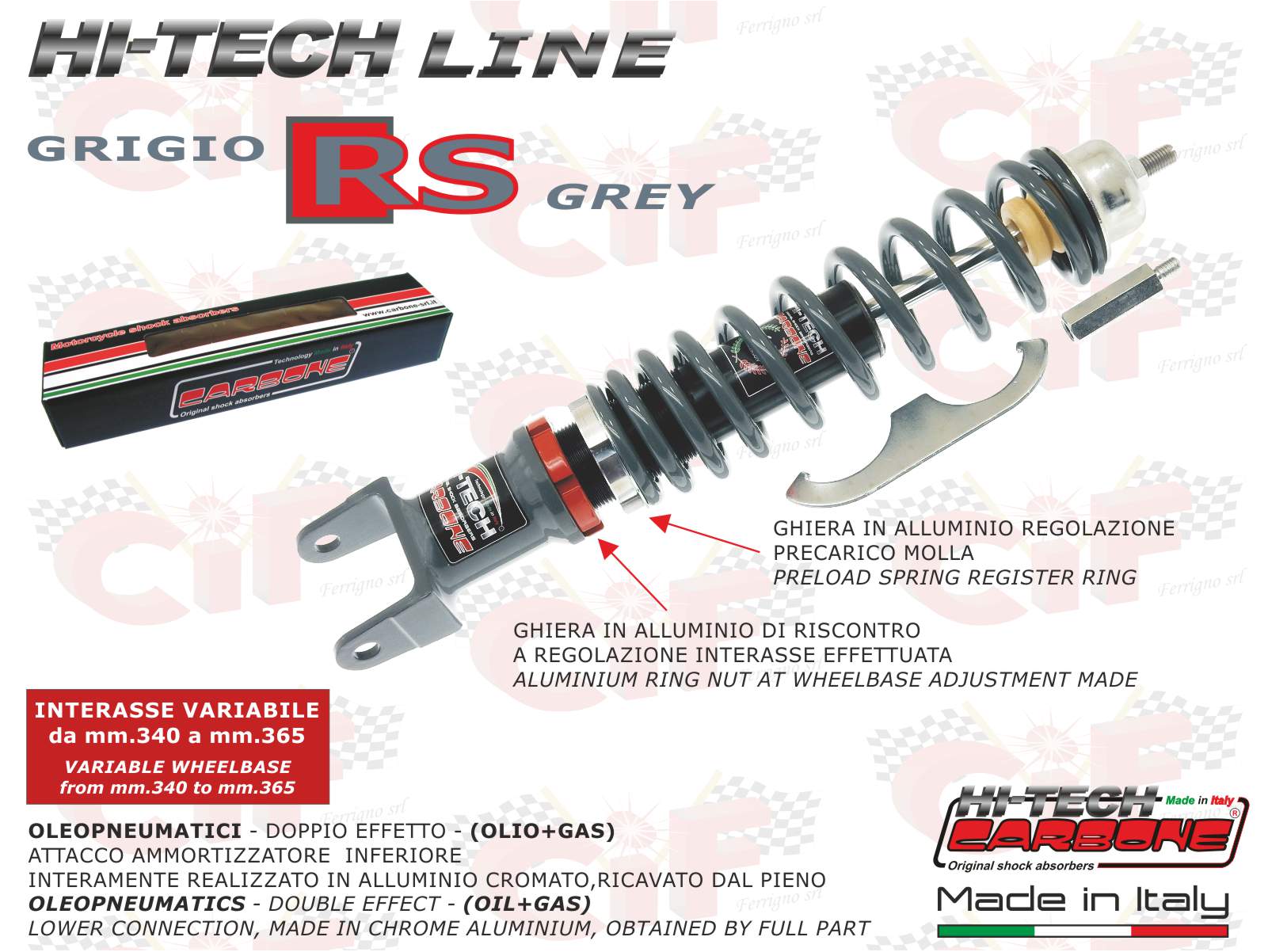 AMMORTIZZATORE POSTERIORE CARBONE HI TECH REGOLABILE GRIGIO RS VESPA 50 SPECIAL 125 PRIMAVERA ET3 PX PE