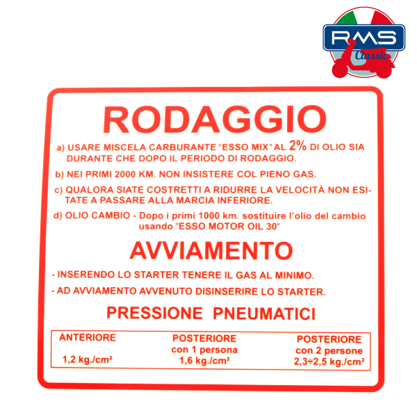 ETICHETTA ADESIVO SCRITTA RODAGGIO VESPA 50 SPECIAL L R N / 90 – 125 ET3 PRIMAVERA RIF. PIAGGIO 610170M002