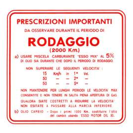 ETICHETTA ADESIVO RODAGGIO MISCELA 5% ROSSO ORIGINALE PIAGGIO VESPA 125 (VNB5T) 3 MARCE