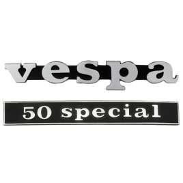 SET TARGHETTE SCRITTE FREGIO ANTERIORE + POSTERIORE PER PIAGGIO VESPA 50 SPECIAL (FARO QUADRATO)