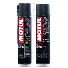 KIT PULITORE CATENA MOTO MOTUL C1 + GRASSO LUBRIFICANTE C4 FACTORY SPRAY 2x400ml